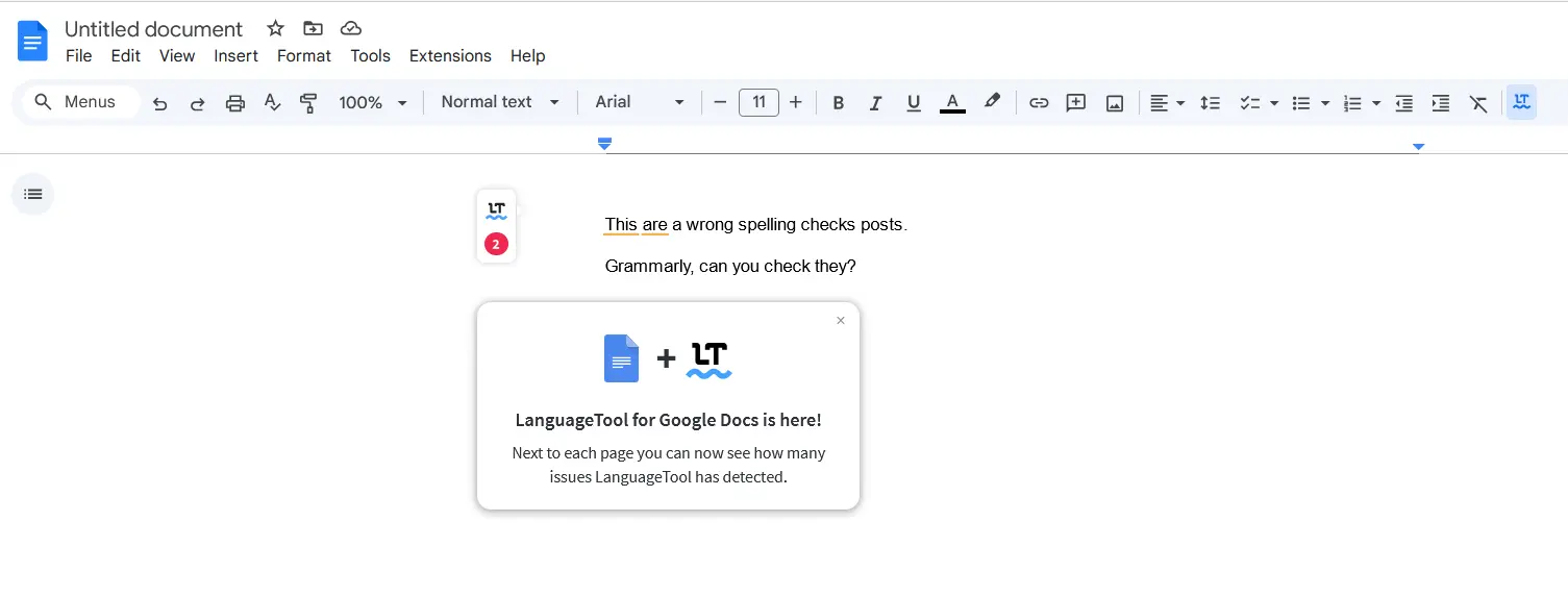 Language Tool also works on Google Docs